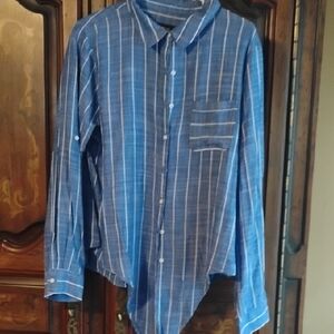 Ivanka Trump Women's Blue and White Striped Button-Down Shirt  size Large
